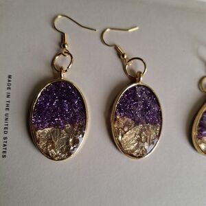 Gold-Tone Oval Earrings with Purple Druzy and Gold Foil